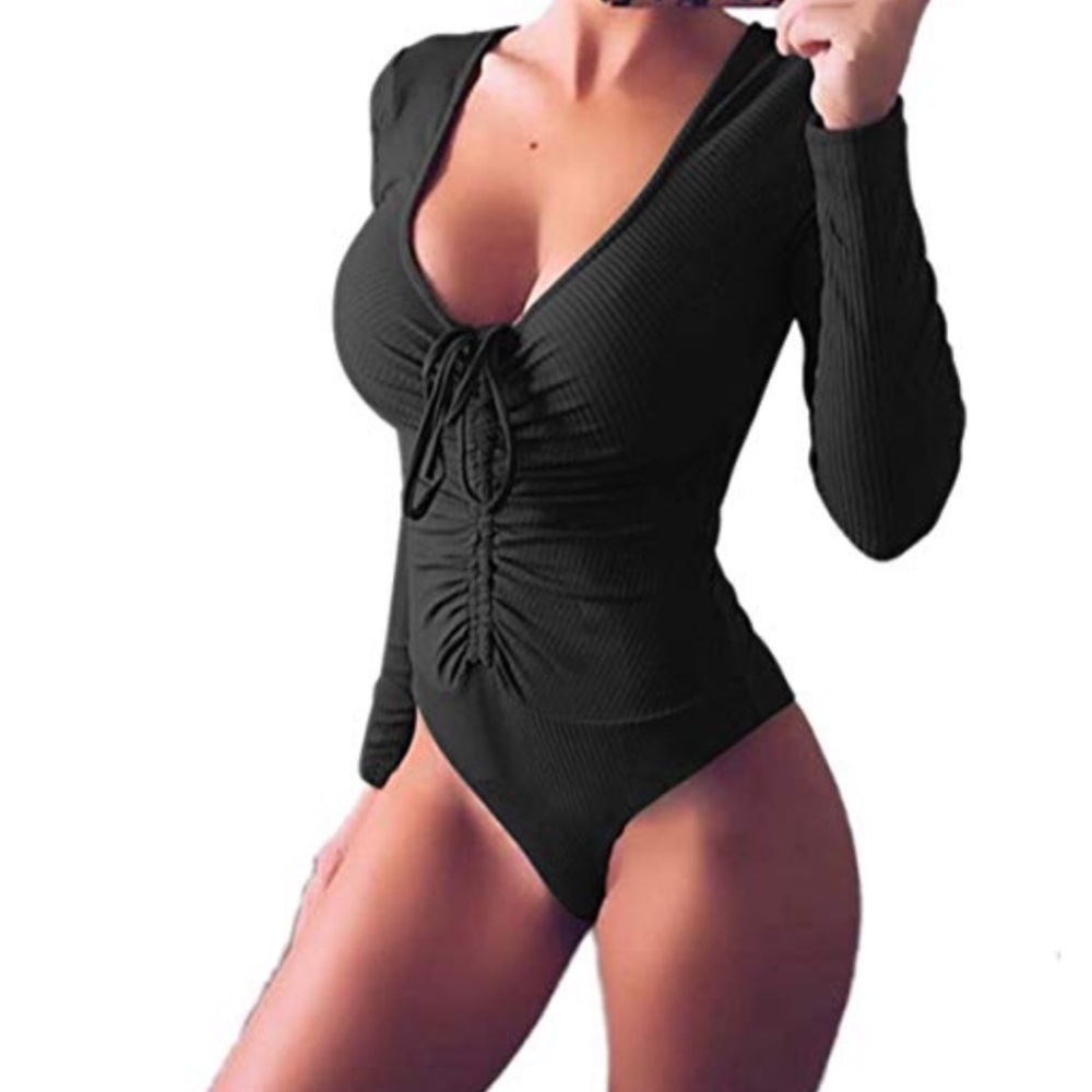 Deep V Neck Long Sleeve Bodysuit